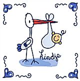 Delfsblauw kaartje met ooievaar en kindje